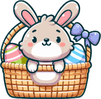 Cartoon Easter bunny in a basket with eggs
