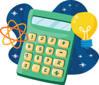 A cartoon green calculator with a lightbulb and atom symbol on a starry blue background.