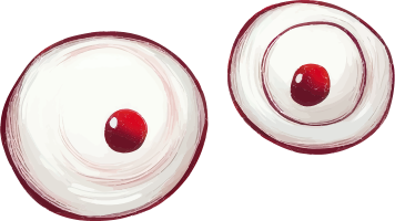 Two cartoon eyes with red pupils