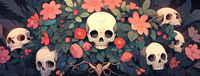 Illustration of skulls amidst flowers and foliage