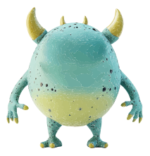 A cartoon monster with blue and yellow body, horns, and spots.