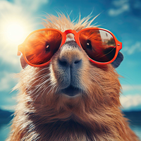 A capybara with orange sunglasses on a sunny day