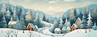 A watercolor-style illustration of a snowy village surrounded by evergreen trees and mountains.