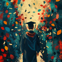 A graduate in cap and gown walking through a path surrounded by colorful confetti