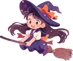 Cartoon illustration of a little girl dressed as a witch flying on a broomstick