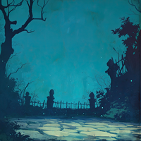 A dark, misty landscape with silhouetted figures by a fence under a moonlit sky.
