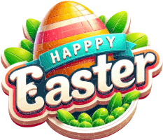 Colorful Easter egg with 'HAPPY Easter' banner surrounded by green leaves and eggs
