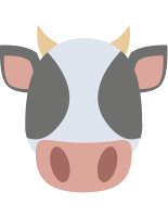 Cartoon cow head with white and gray markings