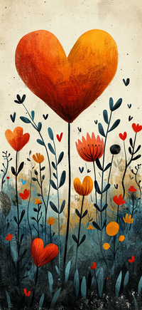 Illustration of a large orange heart surrounded by various flowers and greenery