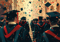 Graduates in caps and gowns with confetti in the air