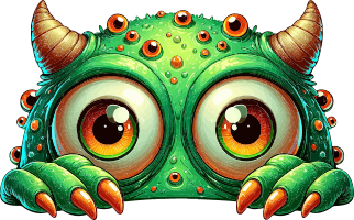 A cartoon monster with green skin, large orange eyes, and sharp claws.