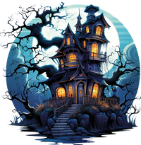 A dark, multi-story mansion with glowing windows, surrounded by twisted trees and a full moon.