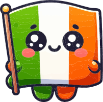 Cartoon Irish flag character with a smile and flagpole