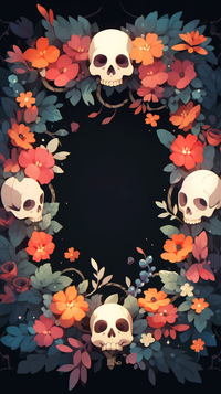 A colorful floral wreath with four skulls on a black background