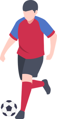 Illustration of a soccer player in a red and blue jersey kicking a soccer ball