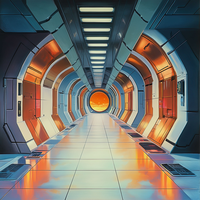 Futuristic corridor with arched doorways and orange lighting