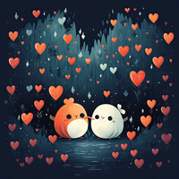 Two figures surrounded by floating hearts in a dreamy landscape