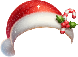 A red and white Santa hat with a candy cane and holly berries decoration