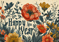 Happy New Year greeting with colorful flowers