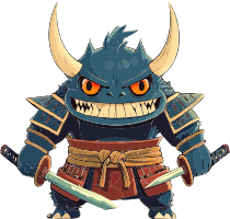 Cartoon blue samurai monster with sharp teeth and horns holding swords