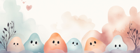 Row of pastel-colored ghosts with foliage