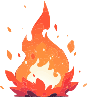 A cartoon-style flame with dynamic, swirling shapes in shades of orange and red.