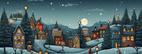 Cartoon winter village at night with snow-covered houses and trees