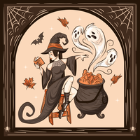 Illustration of a witch in a black dress stirring a cauldron with ghosts and autumn leaves around her