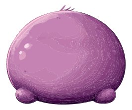 A cartoon character with a large, round purple body and small legs.