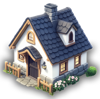 Illustration of a white cottage with grey roof and flowers