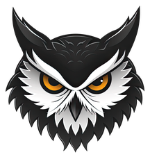 Black and white owl logo with orange eyes