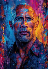 A digital artwork featuring Dwayne Johnson with a mix of blue, red, and yellow hues.