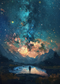 A person standing by a lake with mountains in the background under a starry sky