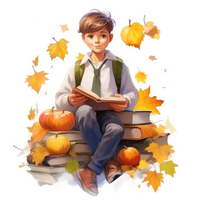 A boy reading on a stack of books with autumn leaves and pumpkins around him