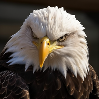 Close-up of a bald eagle's head with a sharp yellow beak and intense gaze