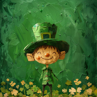 A smiling leprechaun with a green hat and coat standing in a field of shamrocks.