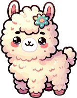 A cartoon llama with fluffy fur and a flower on its head