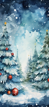 Watercolor painting of snow-covered Christmas trees with red ornaments and gold stars under a snowy night sky