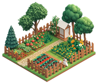 Isometric garden with a shed and diverse flora