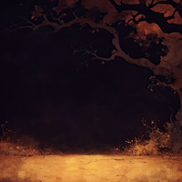 A dark forest with a glowing dirt path and trees.