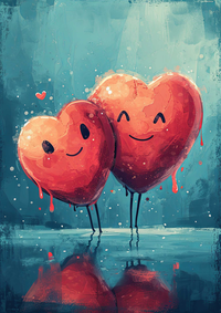 Two cartoon hearts with smiling faces and legs standing side by side
