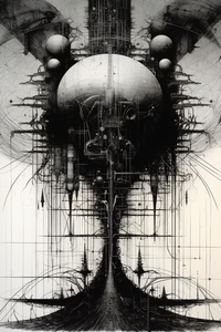 A detailed black and white illustration of a futuristic mechanical structure.