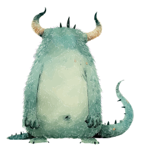 A digital illustration of a furry, teal monster with horns and a long tail.