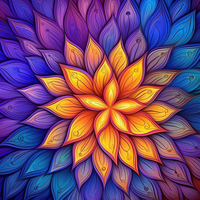 A stylized flower with yellow and orange center, surrounded by blue and purple petals.