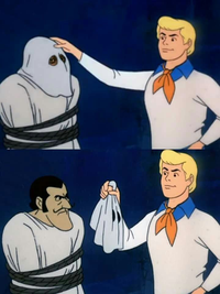 Scooby-Doo character unmasking a mysterious figure to reveal the true identity.