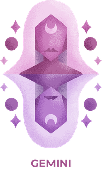 Stylized Gemini zodiac illustration with mirrored faces and celestial elements