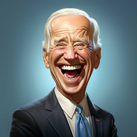 Caricature of Joe Biden smiling widely, wearing a suit and tie