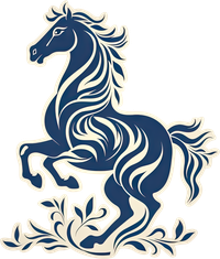 Stylized blue horse illustration rearing on hind legs
