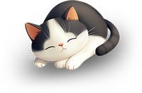 A cartoon black and white cat sleeping with eyes closed