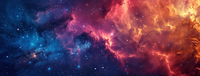 A vibrant cosmic nebula with a blend of blue, red, and orange colors